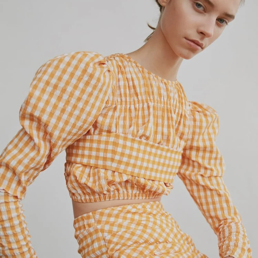 NWT Zara Size S Yellow Gingham Puff Sleeve Top
